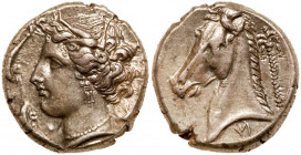 Sicily, Entella. Silver Tetradrachm (16.96 g), ca. 320/15-300 BC. Siculo-Punic issue. Wreathed head of Arethusa left, wearing triple-pendant earring a...