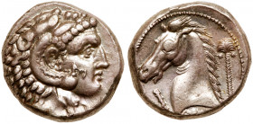 Sicily, Entella. Silver Tetradrachm (16.78 g), ca. 300-289 BC. Head of Herakles right, wearing lion's skin headdress. Reverse: 'MHMHNT (Neo-Punic), Ho...