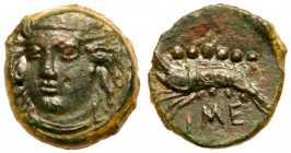 Sicily, Himera. &AElig; Hemilitron (2.05 g), ca. 412-409 BC. Head of nymph facing slightly left. Reverse: IME, crayfish left; six pellets above. CNS 3...