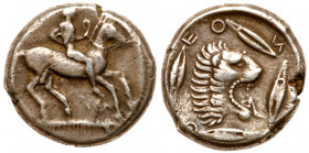 Sicily, Leontinoi. Silver Didrachm (8.50 g), ca. 476-466 BC. Nude jockey, holding whip and reins, on horse galloping right. Reverse: [&Lambda;]-EO-?-[...