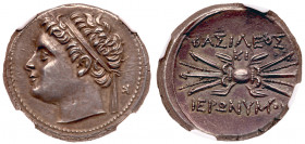 Sicily, Syracuse, Hieronymous, ca. 215-214 B.C. Silver 10 Litrai ((8.42 g). Diademed head facing left, retrograde K behind, beaded border. Reverse: BA...