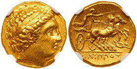 Macedonian Kingdom. Philip II. Gold Stater (8.62 g), 359-336 BC. Pella, ca. 340/36-328 BC. Laureate head of Apollo right. Reverse: &Phi;I&Lambda;I&Pi;...