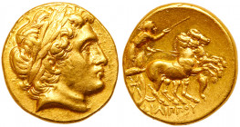 Macedonian Kingdom. Philip III Arrhidaios. Gold Stater (8.59 g), 323-319 BC. Kolophon mint. Struck Menander or Kleitos,CA. 322-319 BC. In the types of...