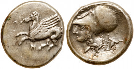 Akarnania, Anaktorion. Silver Stater (8.67 g), ca. 350-300 BC. Pegasos flying left; below, AN monogram. Reverse: Helmeted head of Athena left; above, ...