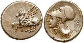 Akarnania, Thyrreion. Silver Stater (8.61 g), ca. 320-280 BC. Pegasos flying left; below, &Theta;. Reverse: Helmeted head of Athena left; across field...