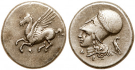 Corinthia, Corinth. Silver Stater (8.58 g), ca. 375-300 BC. Pegasos flying left; below, koppa. Reverse: Helmeted head of Athena left, bowl of helmet w...