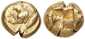 Mysia, Cyzicus, Electrum Stater (16.03 g), ca. 500-450 BC. Mysia, Cyzicus, electrum Stater, c. 500-450 BC, forepart of winged lioness stalking left, r...