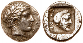 Mysia, Pergamon. Silver Diobol (1.73 g), ca. 450-420 BC. Laureate head of Apollo right. Reverse: &Pi;EP&Gamma;, bearded male head of satrap (Eurysthen...