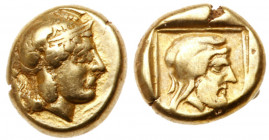 Lesbos, Mytilene. Electrum Hekte (2.50 g), ca. 454-428/7 BC. Helmeted head of Athena right. Reverse: Head of Pharnabazos right, wearing kyrbasia. Bode...