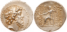 Seleukid Kingdom. Demetrios II Nikator. Silver Tetradrachm (16.29 g), second reign, 129-125 BC. Antioch on the Orontes. Diademed and bearded head of D...