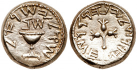 Judaea, The Jewish War. Silver Shekel (14.31 g), 66-70 CE. Jerusalem, year 2 (67/8 CE). 'Shekel of Israel' (Paleo-Hebrew), ritual chalice with pearled...
