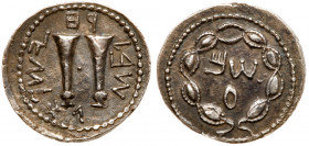 Judaea, Bar Kokhba Revolt. Silver Zuz (3.33 g), 132-135 CE. Year 2 (133/4 CE). 'Sm' (Paleo-Hebrew) within wreath of thin branches wrapped around eight...