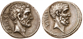Q. Servilius Caepio Brutus. Silver Denarius (3.76 g), 54 BC. Rome. BRVTVS, bare head of L. Junius Brutus right. Reverse: AHALA, bare head of Caius Ser...