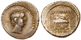 L. Livineius Regulus. Silver Denarius (4.27 g.), 42 BC. Rome. Bare head of the praetor L. Livineius Regulus right. Reverse: L &bull;&nbsp;&nbsp;&nbsp;...