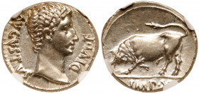 Augustus. Silver Denarius (3.85 g), 27 BC-AD 14. Lugdunum, ca. 15-13 BC. DIVI F AVGVSTVS, bare head of Augustus right. Reverse: IMP X, bull butting le...