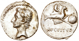 Augustus. Silver Denarius (3.86 g), 27 BC-AD 14. Emerita (?), ca. 17/6 BC. Bare head of Augustus left. Reverse: AVGVSTVS, capricorn right, holding glo...