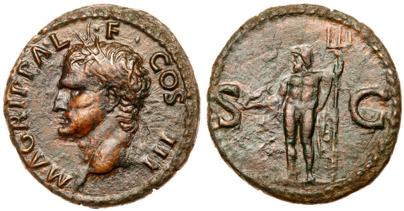 Agrippa. AE As (10.47 g). Minted at Rome, AD 37-41. M AGRIPPA L F COS III, head ...