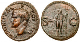 Agrippa. AE As (10.47 g). Minted at Rome, AD 37-41. M AGRIPPA L F COS III, head of Agrippa I., wearing rostral crown. Reverse: S - C, either side of N...