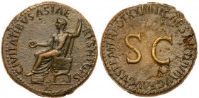 Tiberius. &AElig; Sestertius (26.44 g), AD 14-37. Rome, AD 22/3. CIVITATIBVS ASIAE RESTITVTIS, Tiberius seated left on curule chair, feet on stool, ho...