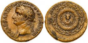 Tiberius. &AElig; Dupondius (13.69 g), AD 14-37. Rome, ca. AD 16-22. TI CAESAR DIVI AVG F AV]GVST IMP VIII, laureate head of Tiberius left. Reverse: M...