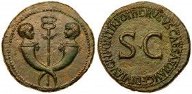 Drusus, with Tiberius and Germanicus Gemellus. &AElig; Sestertius (25.87 g), Caesar, AD 19-23. Rome, under Tiberius, AD 22/3. Crossed cornuacopiae, ea...