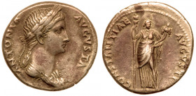Antonia Minor. Silver Denarius (3.68 g), Augusta, AD 37 and 41. Rome, under Claudius, ca. AD 41-45. ANTONIA AVGVSTA, draped bust of Antonia right, hai...