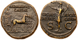 Germanicus. &AElig; Dupondius (15.68 g), Died AD 19. Rome, under Gaius Caligula, AD 37-41. GERMANICVS / CAESAR in two lines above, Germanicus, holding...