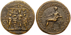 Gaius Caligula. &AElig; Sestertius (25.08 g), AD 37-41. Rome, AD 37/8. C CAESAR AVG GERMANICVS P M TR POT around, PIETAS in exergue, Pietes, veiled an...