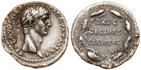 Claudius. Silver Denarius (3.64 g), AD 41-54. Rome, AD 41/2. TI CLAVD CAESAR AVG GERM P M TR P, laureate head of Claudius right. Reverse: EX S C / OB ...