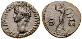 Claudius. AD 41-13. AE As (12.53 g). Mint of Rome, AD 41-2. IMPTICLAVDIVS CAESAR AVG PMTRP, bare head of Claudius facing l. Reverse: S C, Minerva adva...