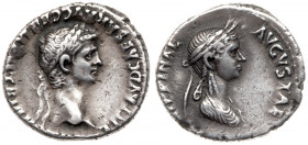 Claudius, with Agrippina II. Silver Denarius (3.49 g), AD 41-54. Rome, AD 50/1. TI CLAVD CAESAR AVG GERM P M TRIB POT P P, laureate head of Claudius r...
