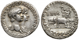 Nero, with Agrippina II. Silver Denarius (3.28 g), AD 54-68. Rome, AD 55. NERO CLAVD DIVI F CAES AVG GERM IMP TR P COS, jugate busts of Nero and Agrip...