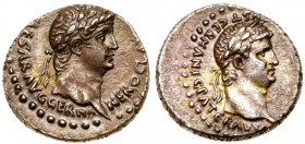 Nero, with Divus Claudius. Silver Drachm (3.61 g), AD 54-68. Caesarea in Cappadocia. AD 63-65. NERO CLA[VD DIVI CLAVD F C]AESAR AVG GERMA, laureate he...