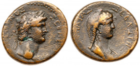Nero and Poppaea, 2nd wife of Nero, ca. AD 62-5, AE 28 (13.51g). Mint of Galatia. NEP&Omega;NO&Sigma; &Sigma;EBA&Sigma;TOY, laureate head of Nero r. R...