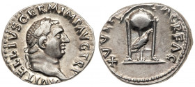 Vitellius. Silver Denarius (3.45 g), AD 69. Rome. A VITELLIVS GERM IMP TR P, laureate head of Vitellius right. Reverse: XV VIR SACR FAC, tripod with c...