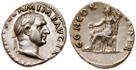 Vitellius. Silver Denarius (3.43 g), AD 69. Rome. A VITELLIVS GERM IMP AVG TR P, laureate head of Vitellius right. Reverse: CONCOR-DIA P R, Concordia ...