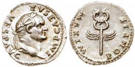 Vespasian. Silver Denarius (3.41 g), AD 69-79. Rome, AD 74. IMP CAESAR VESP AVG, laureate head of Vespasian right. Reverse: PONTIF MAXIM, winged caduc...