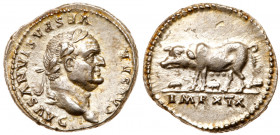 Vespasian. Silver Denarius (3.32 g), AD 69-79. Rome, AD 77/8. CAESAR VESPASIANVS AVG, laureate head of Vespasian right. Reverse: IMP XIX, sow and thre...