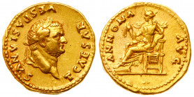 Titus. Gold Aureus (7.26 g) as Caesar, 79-81. Rome, AD 77/8. T CAESAR VESPASIANVS, laureate head of Titus right. Reverse: ANNONA AVG, Annona seated le...