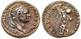 Titus. Silver Denarius (3.04 g), AD 79-81. Judaea Capta issue. Rome. IMP TITVS CAES VESPASIAN AVG P M, laureate head of Titus right. Reverse: TR P VII...