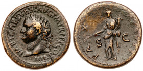 Titus. &AElig; Sestertius (29.12 g), AD 79-81. Rome, AD 80/1. IMP T CAES VESP AVG P M TR P COS VII, laureate head of Titus right. Reverse: PA-X AVGVST...