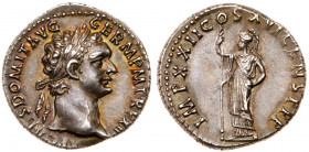 Domitian. Silver Denarius (3.59 g), AD 81-96. Rome, AD 92/3. IMP CAES DOMIT AVG GERM P M TR P XII, Laureate head of Domitian right. Reverse: IMP XXII ...