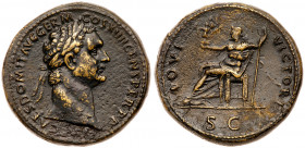 Domitian. AE Sestertius (28.21 g), 81-96 AD. Rome, AD 88/9. IMP CAES DOMIT AVG GERM COS XIIII CENS PER P P, Laureate head of Domitian right. Reverse: ...