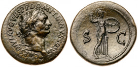 Domitian. &AElig; Sestertius (25.53 g), as Caesar, AD 69-81. Rome, under Titus, AD 80/1. CAES DIVI AVG VESP F DOMITIANVS COS VII, laureate head of Dom...