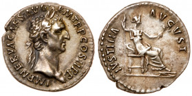 Nerva. Silver Denarius (3.38 g), AD 96-98. Rome, AD 96. IMP NERVA CAES AVG P M TR P COS II P P, laureate head of Nerva right. Reverse: IVSTITIA AVGVST...