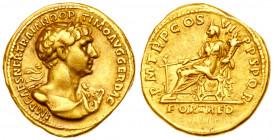 Trajan. Gold Aureus (7.21 g), AD 98-117. Rome, AD 114/5. IMP CAES NER TRAIANO OPTIMO AVG GER DAC, laureate heroic bust to right, with aegis on left sh...