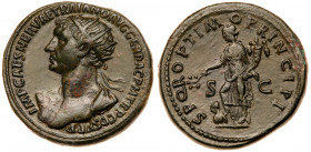 Trajan. &AElig; Dupondius (16.84 g), AD 98-117. Rome, 104/5-107. IMP CAES NERVAE TRAIANO AVG GER DAC P M TR P COS V P P, radiate and draped bust of Tr...