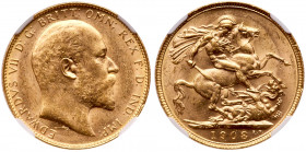 Edward VII (1901-1910). Gold Sovereign, 1908 P, Perth Mint. Bare head right, De S. below truncation for engraver George W De Saulles, Latin legend and...