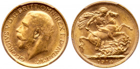 George V (1910-1936), Gold Sovereign, 1914 M, Melbourne Mint. Bare head left, B.M. on truncation for engraver Bertram MacKennal, GEORGIVS V D.G. BRITT...