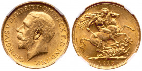 George V (1910-1936), Gold Sovereign, 1915 S, Sydney Mint. Bare head left, B.M. on truncation for engraver Bertram MacKennal, GEORGIVS V D.G. BRITT: O...